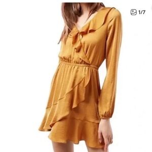 Express Ruffle Faux Wrap Mustard Mini Dress